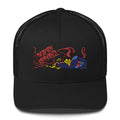 A black trucker cap with a low-profile embroidery area featuring a colorful graphic design.