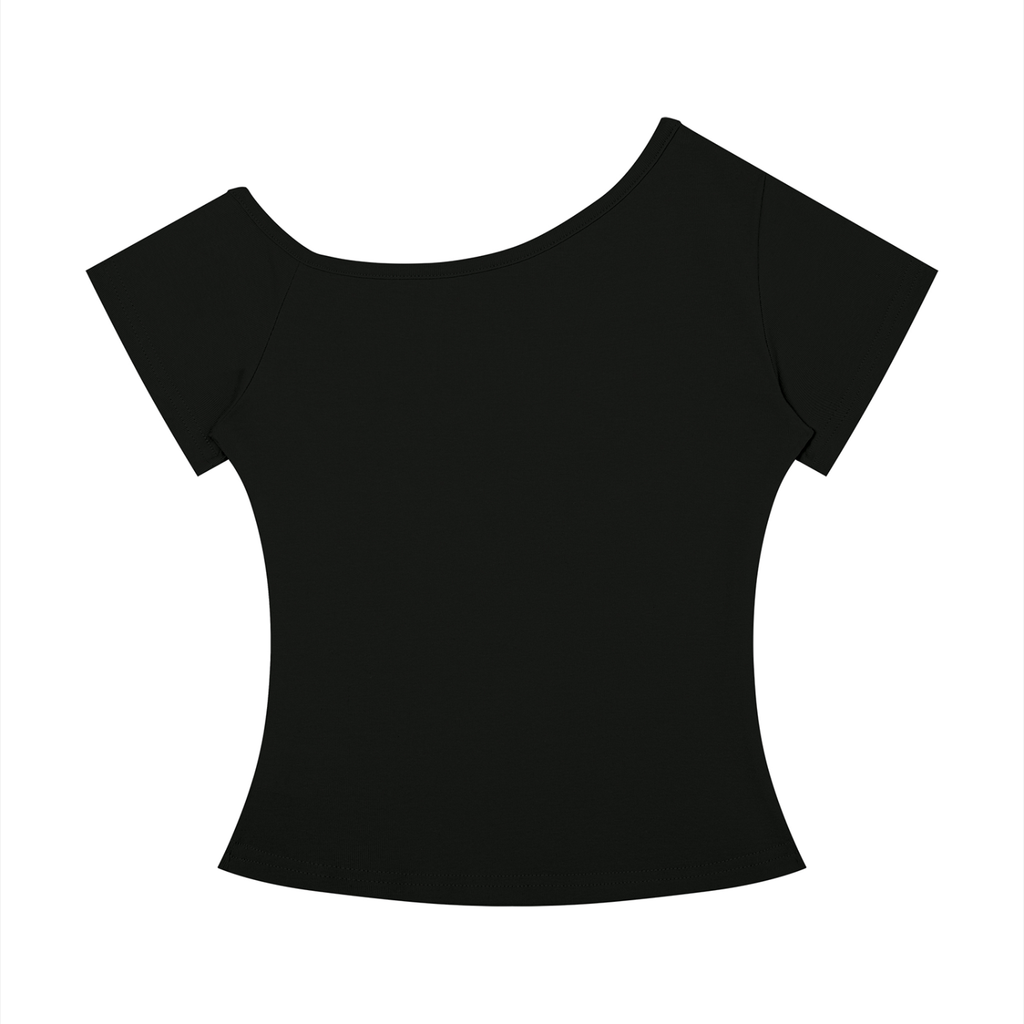 A black short-sleeve crop top with a wide boat neckline, shown flat against a plain white background.