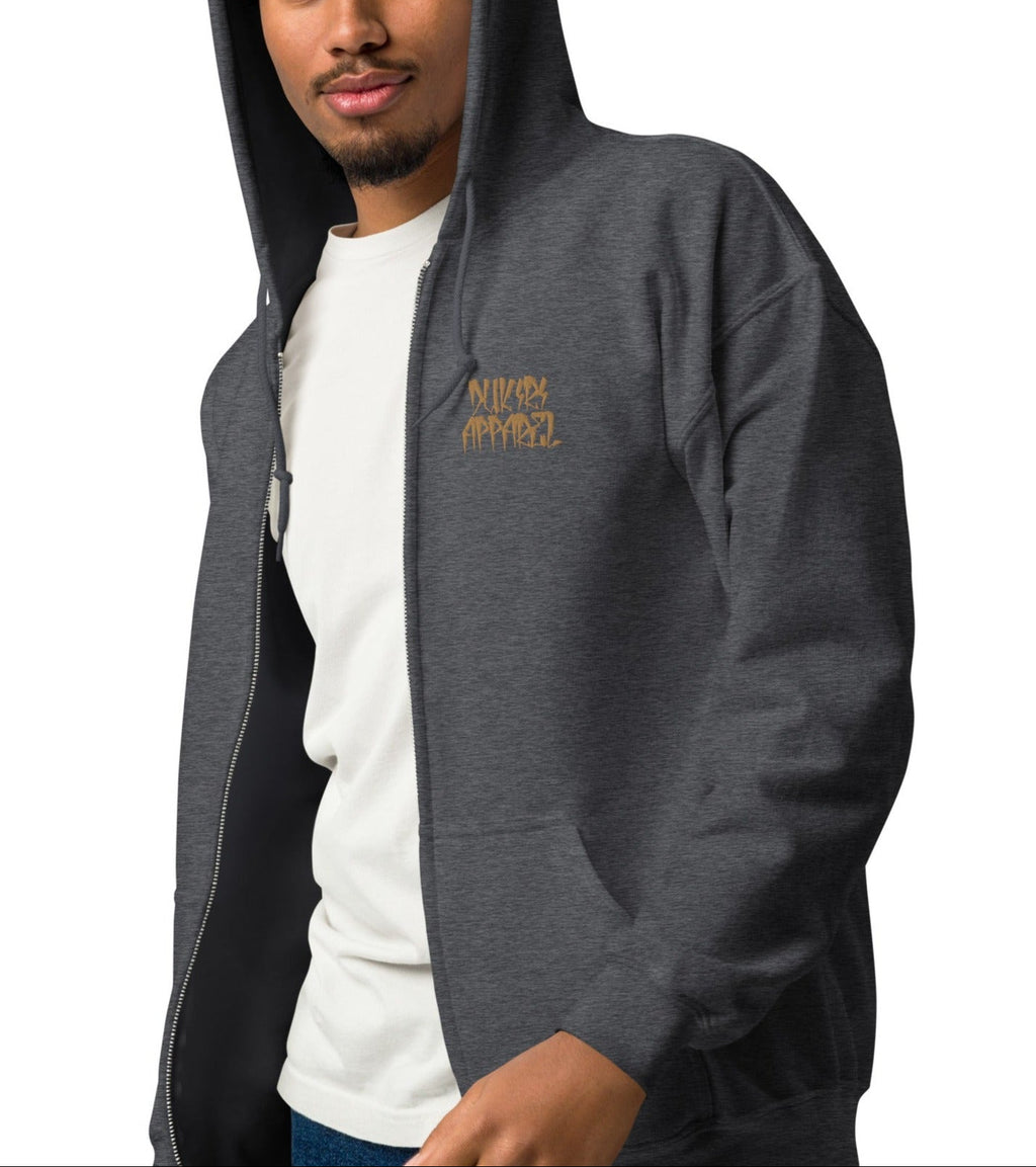 Dark Heather heavy blend zip hoodie-Embroidered "I Beat it"