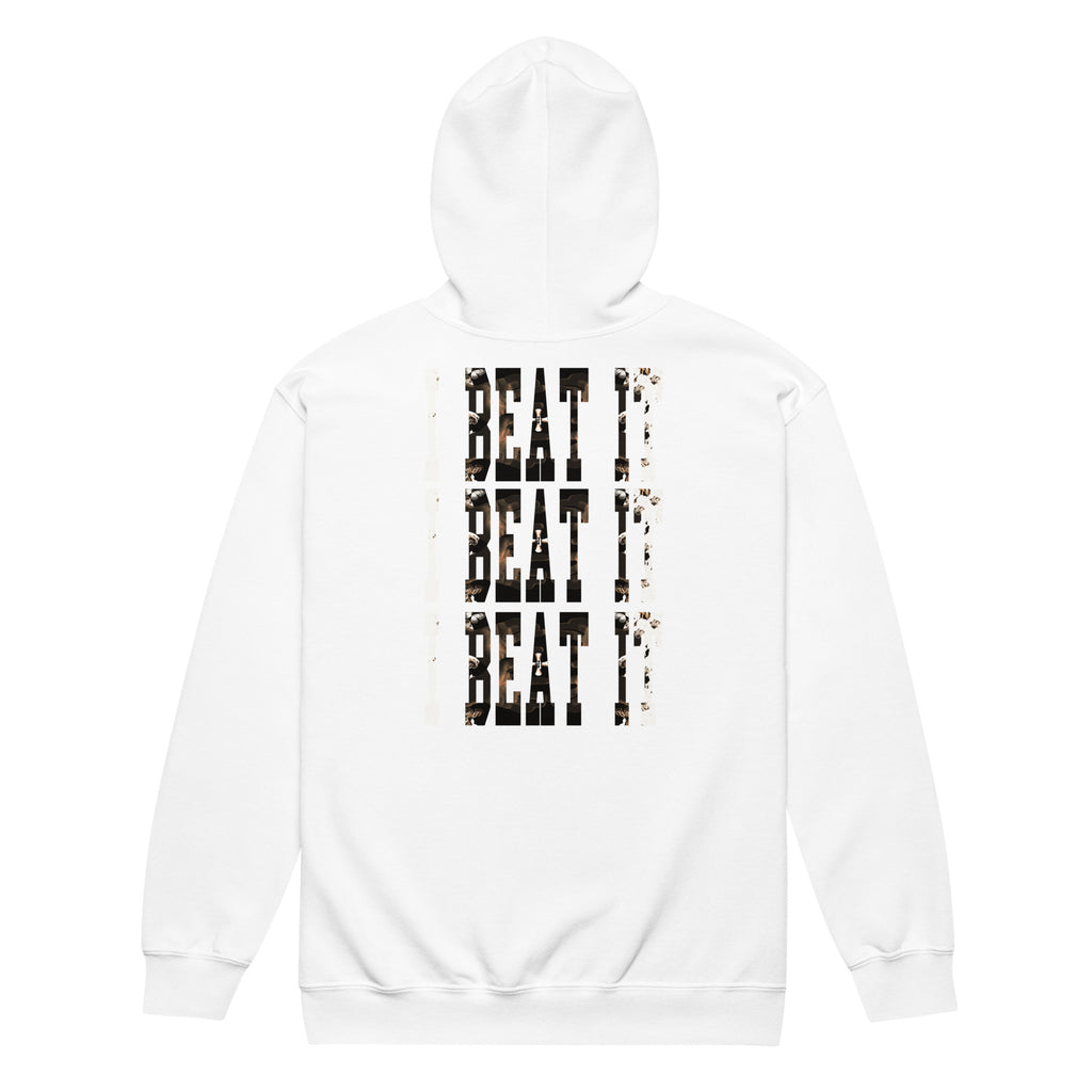 White heavy blend zip hoodie-Embroidered "I Beat it" Print