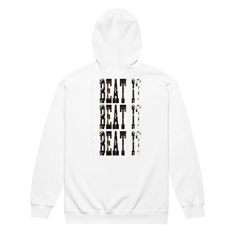 White heavy blend zip hoodie-Embroidered "I Beat it" Print