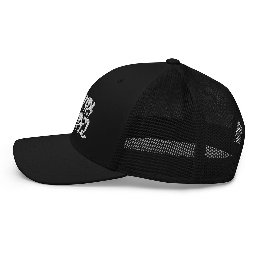 Mesh-back black trucker hat for modern streetwear looks side view