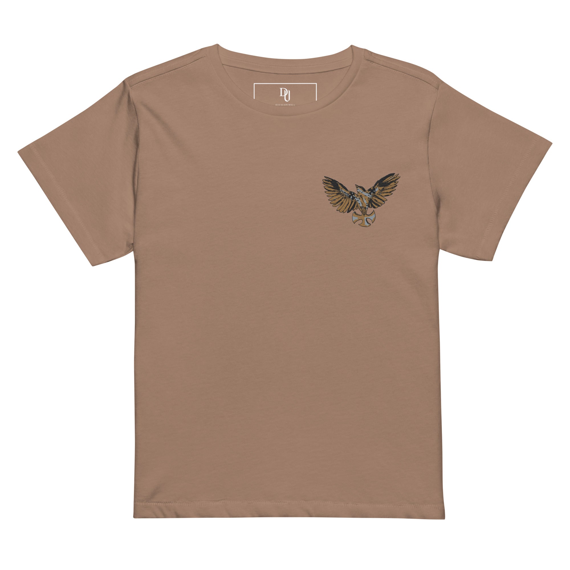 Latte Women’s high-waisted t-shirt-Embroidered Mocking Bird