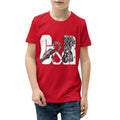 A young boy wearing a red short-sleeve t-shirt with a large white and black graphic print on the front, paired with blue jeans, set against a plain white background.