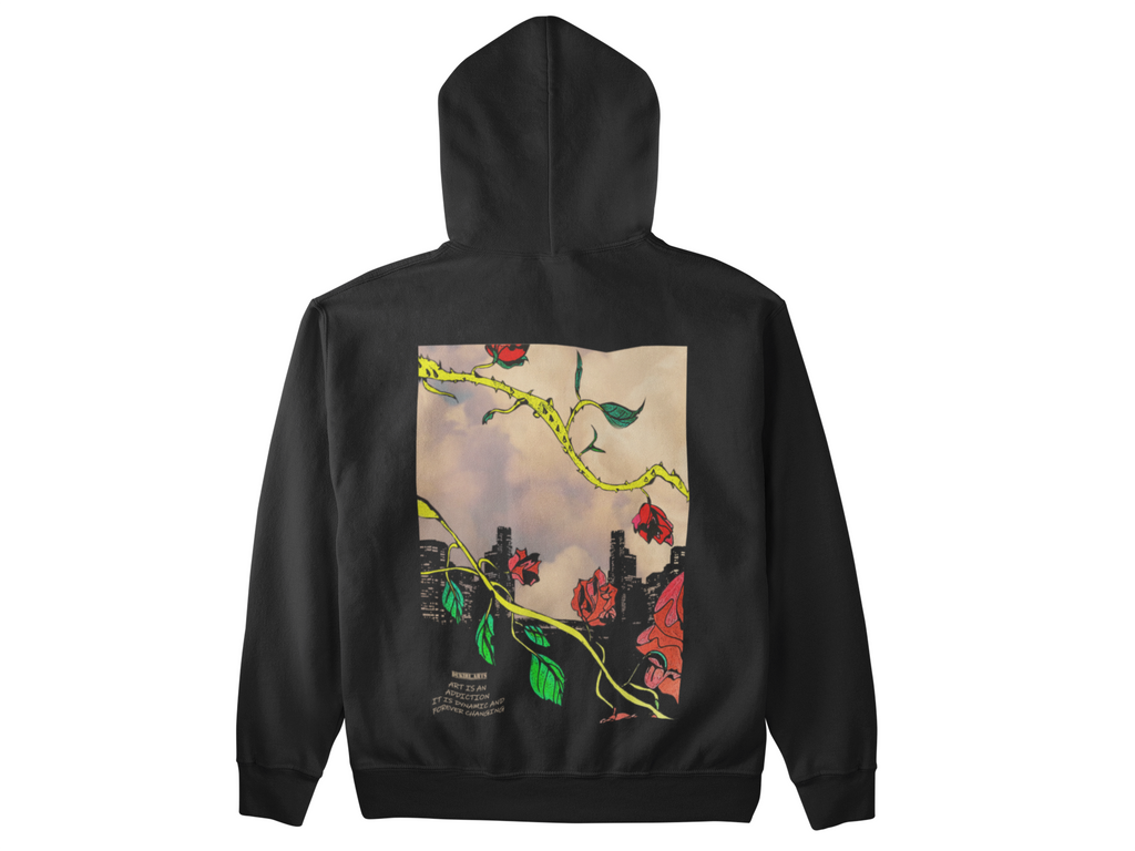 a black hoodie with a painting of flowers on it